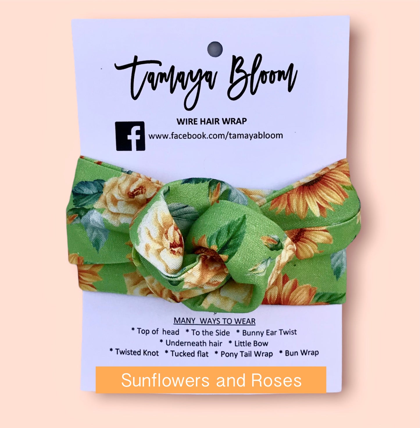 Wire Hair Wrap Sunflowers and Roses Green