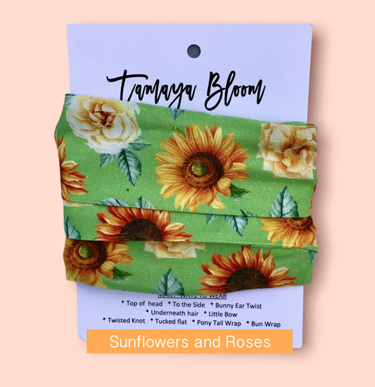 Wire Hair Wrap Sunflowers and Roses Green