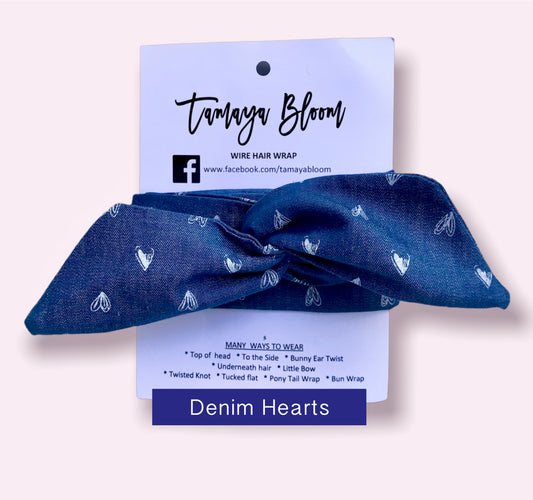 Wire Hair Wrap Denim Hearts