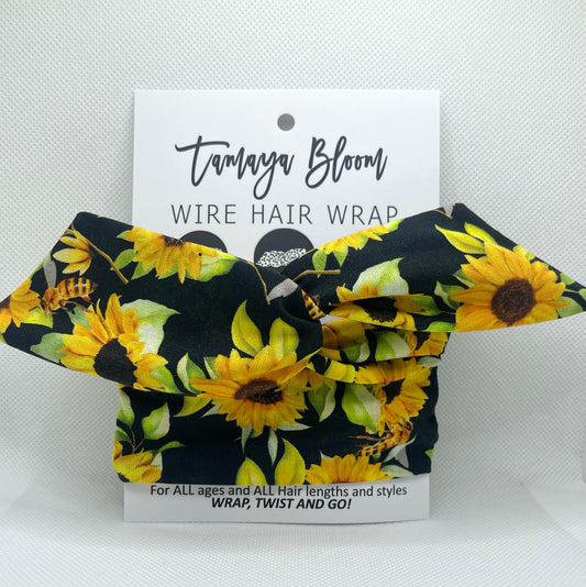 Wire Hair Wrap Sunflowers and Bees Black