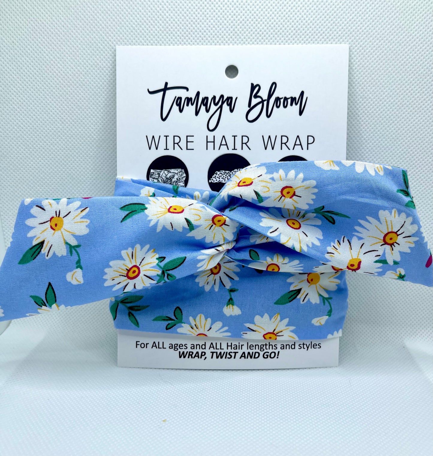 Wire Hair Wrap Blue Daisies