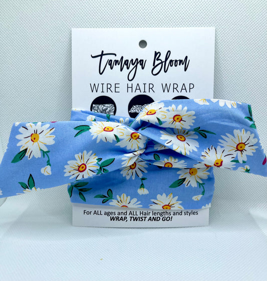 Wire Hair Wrap Blue Daisies