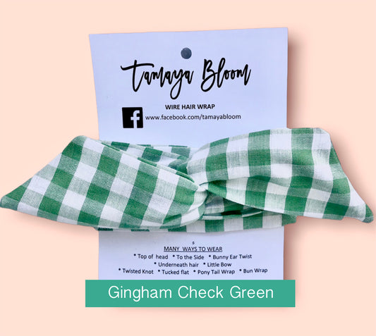 Wire Hair Wrap Gingham Check Green