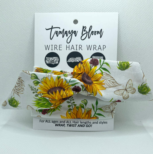 Wire Hair Wrap Sunflowers and Butterflies White