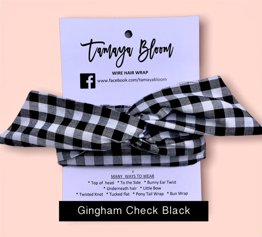 Wire Hair Wrap Gingham Check Black
