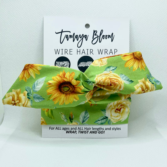 Wire Hair Wrap Sunflowers and Roses Green