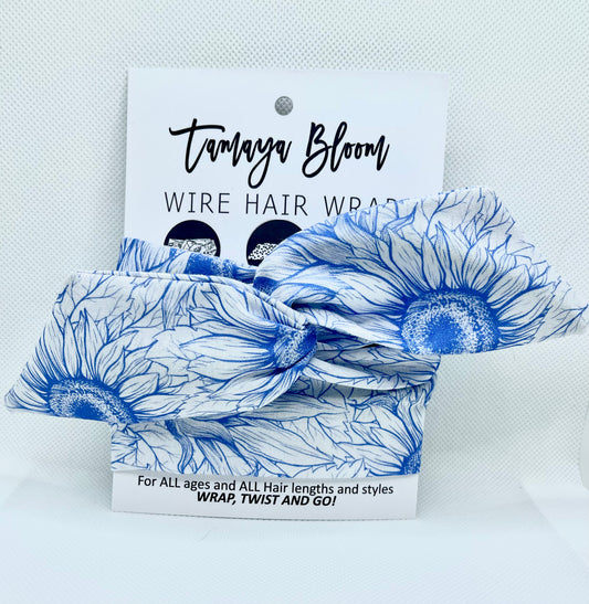 Wire Hair Wrap Sketchy Sunflowers Blue