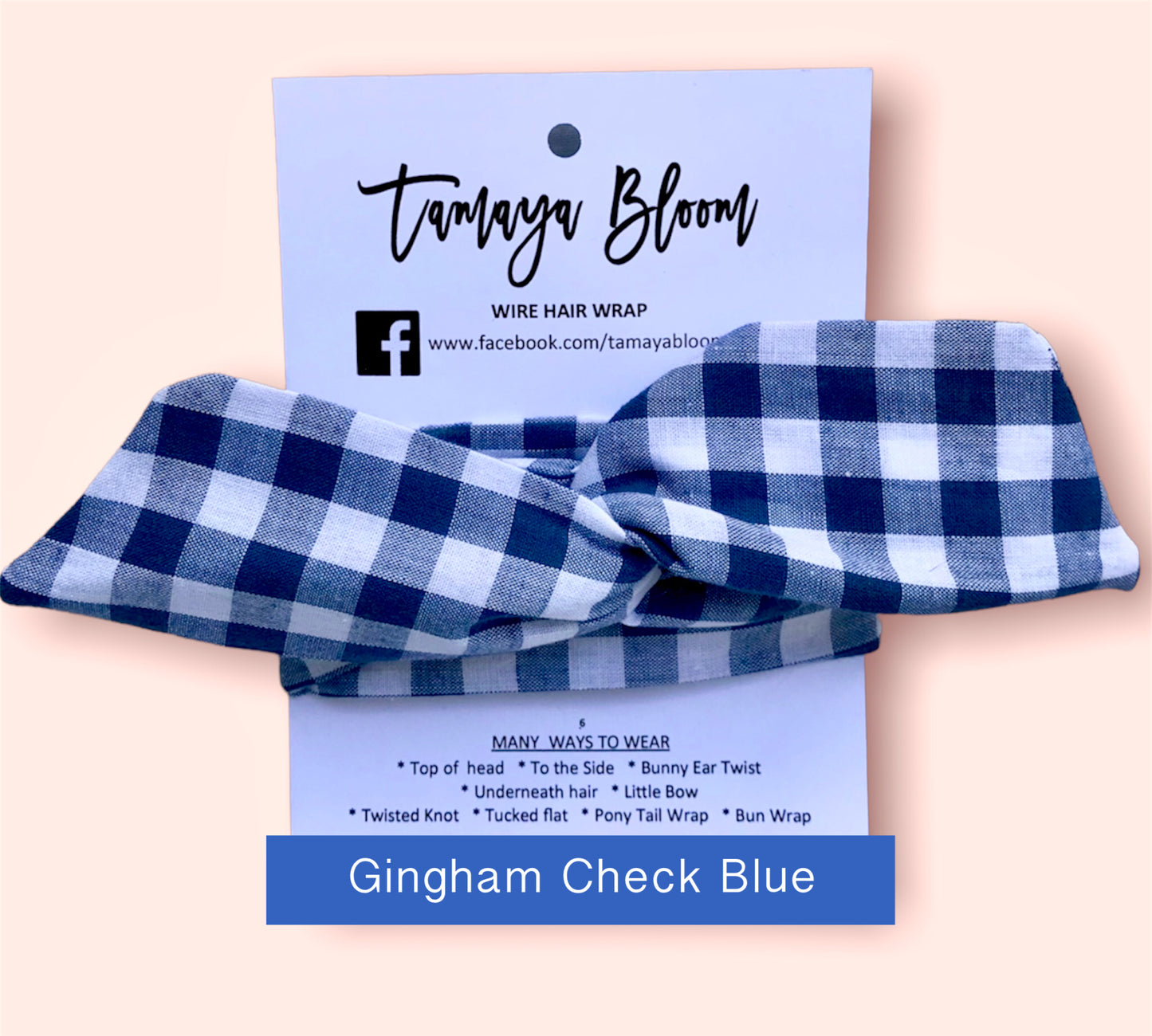 Wire Hair Wrap Gingham Check Blue