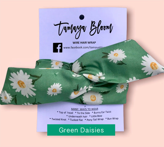Wire Hair Wrap Green Daisies